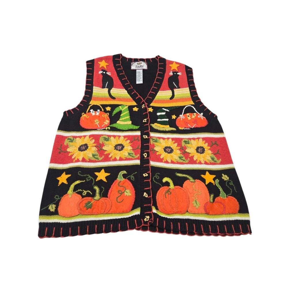 Vtg Tiara International Fall Halloween Sweater Vest Pumpkins Cats L Y2K B23.1